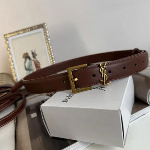 Saint Laurent Dark Brown Belt 3cm 90cm - Gold YSL Buckle - With Box & Dust Bag - Picture 3 of 6